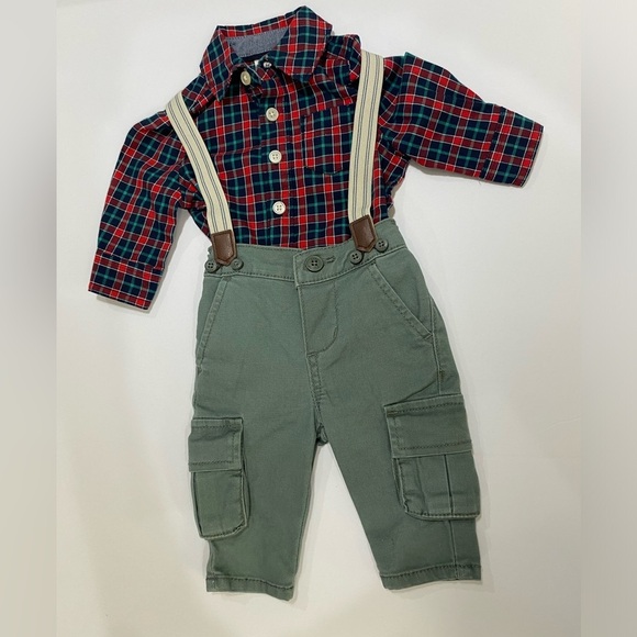LIKE NEW🚨BABY BGOSH☁️ MATCHING SET 3M 🤎 overalls and shirt flannel - Picture 1 of 4